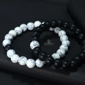 Contrasting Black Onyx and White Howlite Natural Stone Beads Bracelet Set
