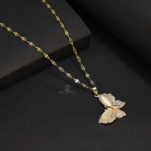 Gold Plated Butterfly Pendant Necklace with Opal and Crystal Detailing