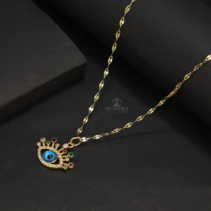 Gold Plated Evil Eye Pendant Necklace with Colorful Stones and Eyelash Design