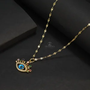 Gold Plated Evil Eye Pendant Necklace with Colorful Stones and Eyelash Design