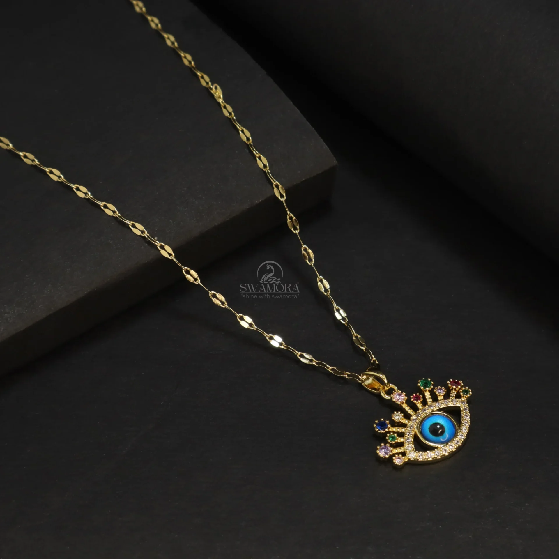 Gold Plated Evil Eye Pendant Necklace with Colorful Stones and Eyelash Design