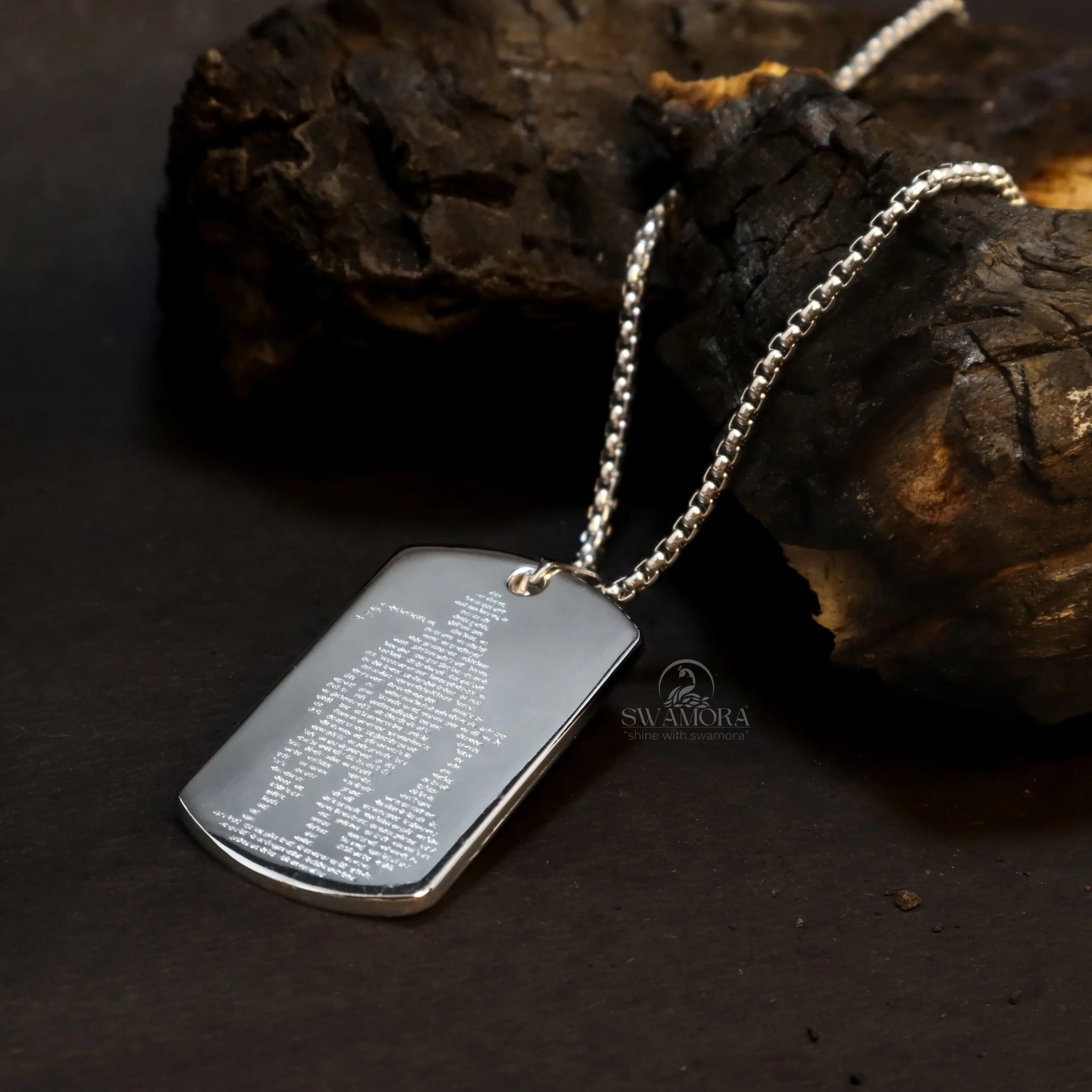 Hanuman Chalisa (in the form of Hanuman) Engraved Stainless Steel Rectangular Pendant Necklace