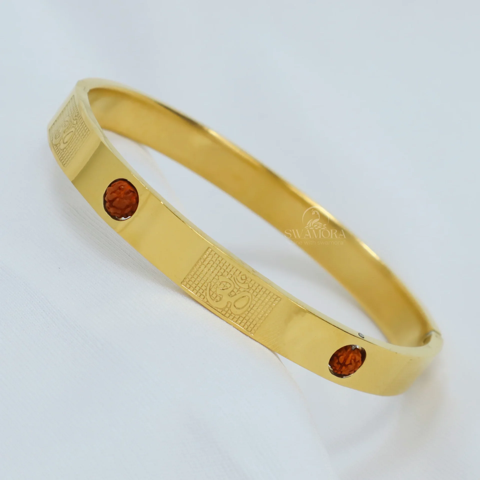 Om and Rudraksha Design Premium Stainless Steel Gold Plated Kada for Men