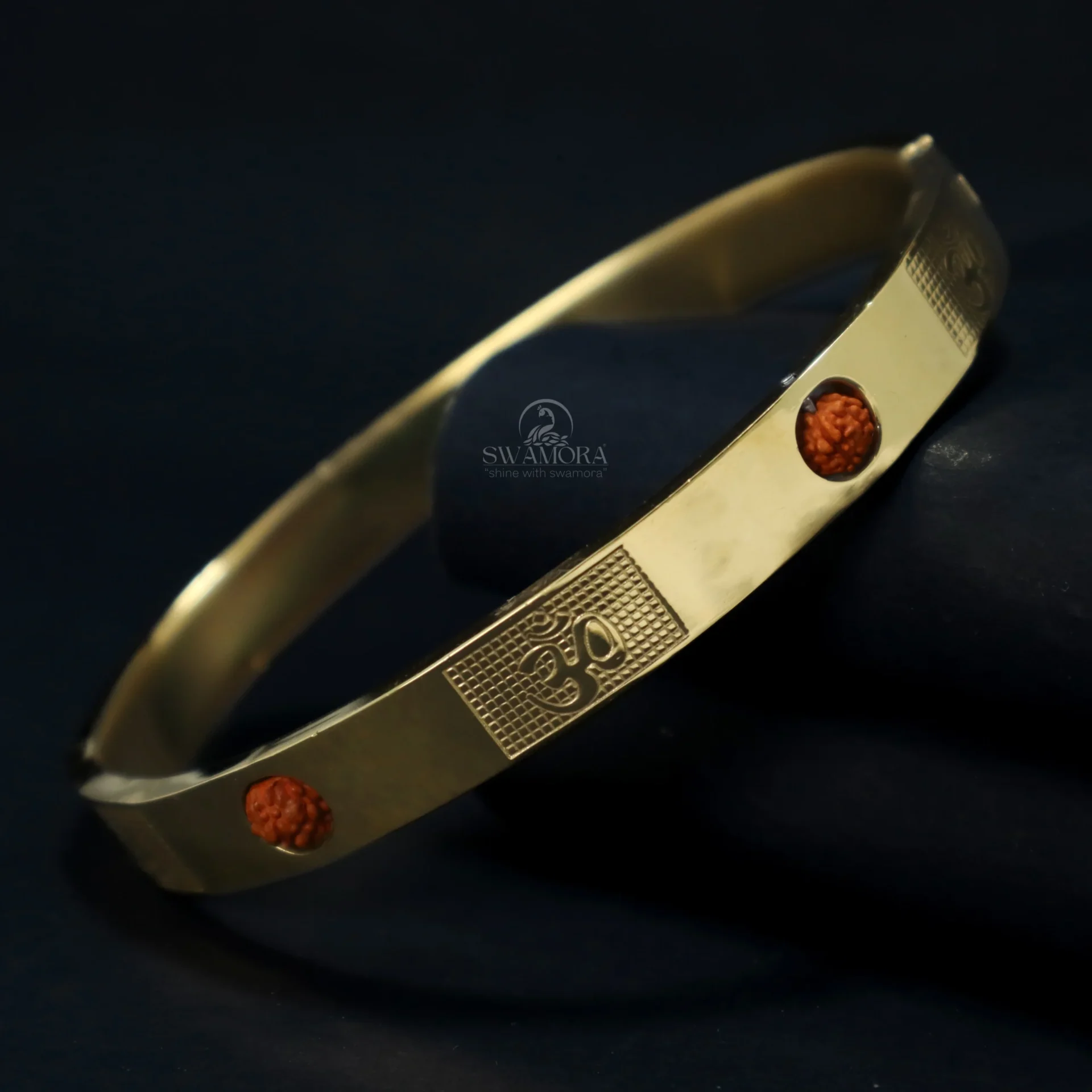 Om and Rudraksha Design Premium Stainless Steel Gold Plated Kada for Men