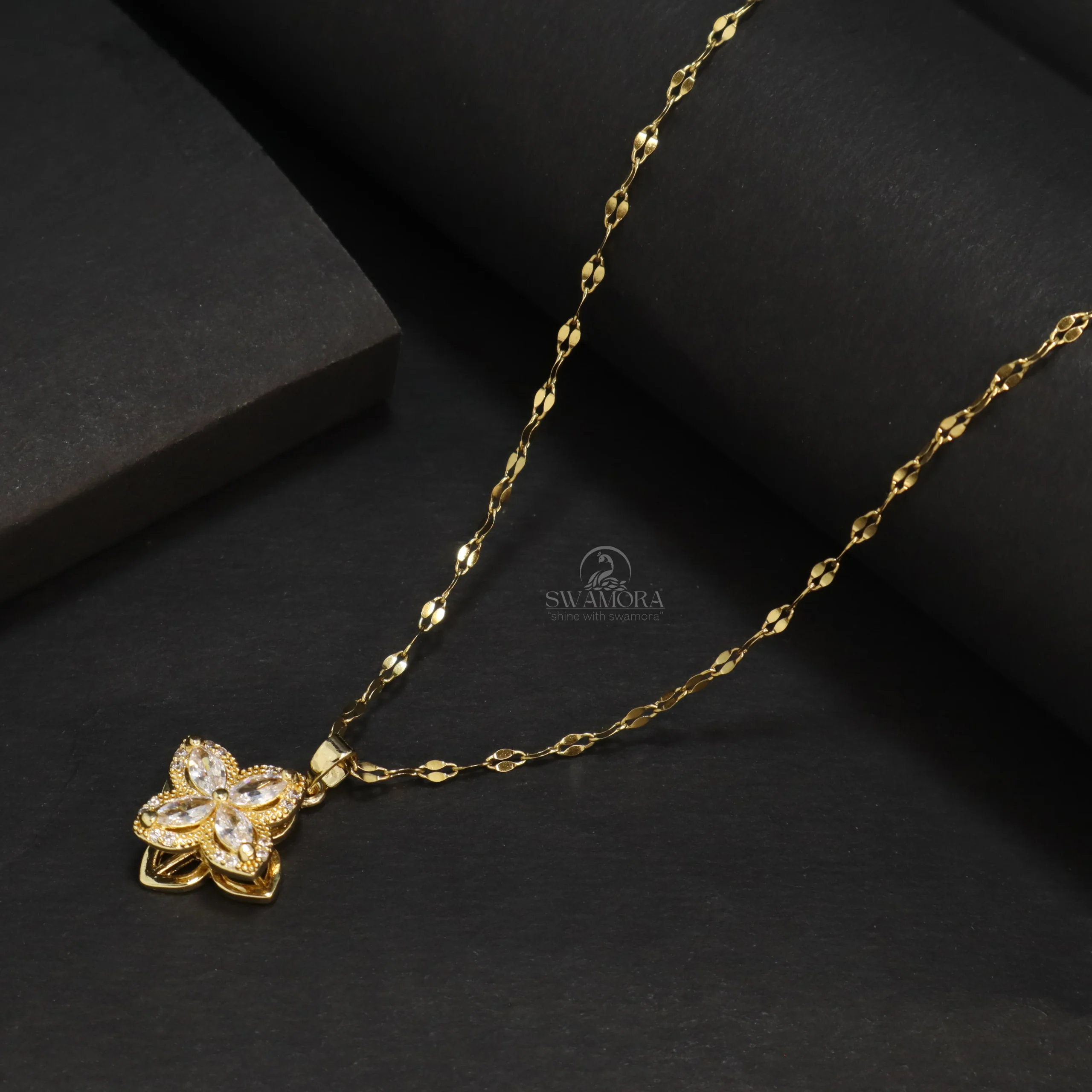 Rotating Cubic Zircon Crystal Gold Plated Flower Pendant Necklace