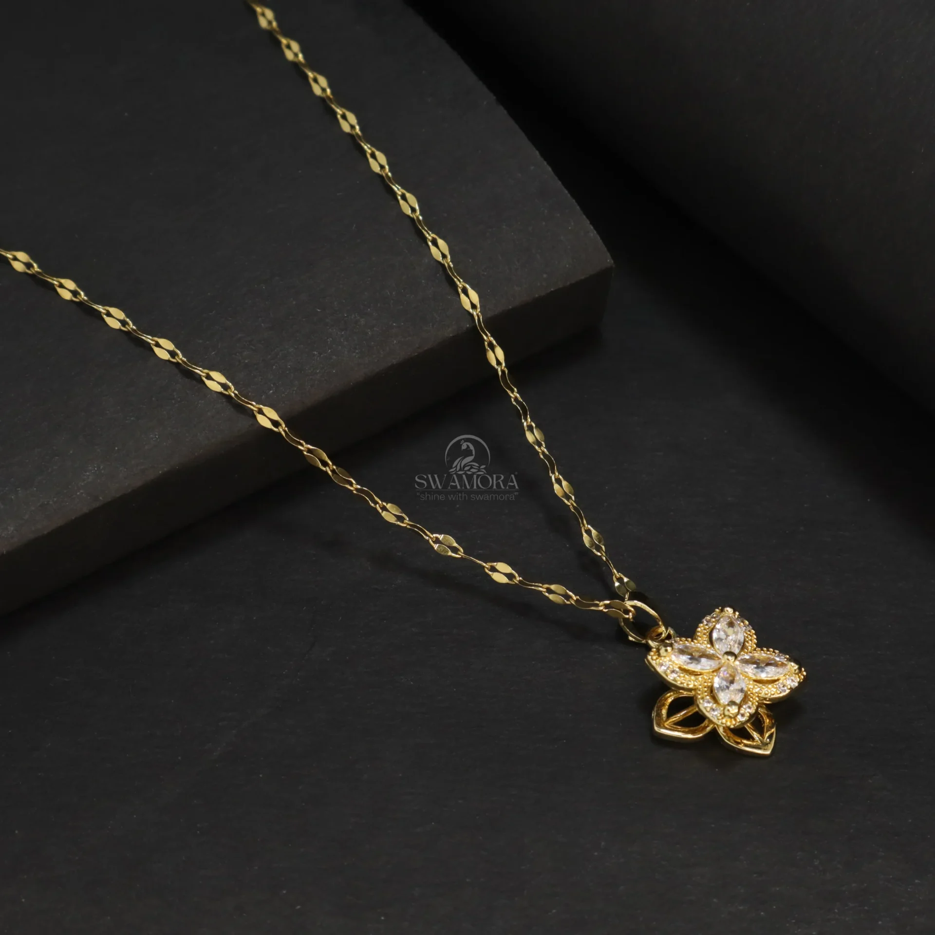 Rotating Cubic Zircon Crystal Gold Plated Flower Pendant Necklace