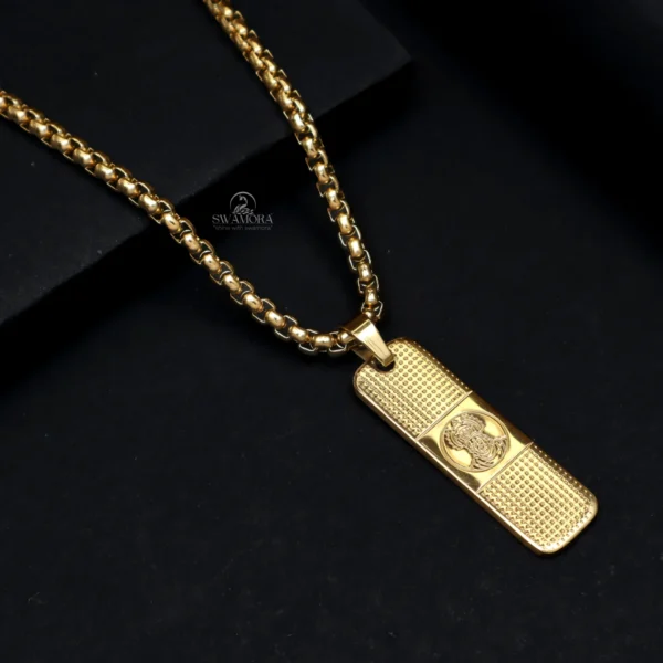 Carry the spirit of strength and devotion with our striking Hanuman Pendant Gold Stainless Steel Necklace Chain. This 24-inch chain for men features a bold rectangular pendant, intricately etched with the revered image of Lord Hanuman, set against a unique dotted pattern. Crafted from high-quality stainless steel with a rich gold tone, this necklace is not just visually appealing but also incredibly durable. It's designed to be anti-tarnish, keeping its luster without effort, and completely waterproof so you can wear it through all your activities. Plus, it's skin-friendly and built to be long-lasting, making it the perfect daily companion for the modern man who values both faith and enduring style.