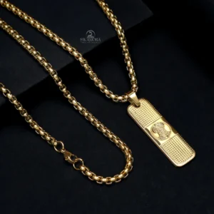 Carry the spirit of strength and devotion with our striking Hanuman Pendant Gold Stainless Steel Necklace Chain. This 24-inch chain for men features a bold rectangular pendant, intricately etched with the revered image of Lord Hanuman, set against a unique dotted pattern. Crafted from high-quality stainless steel with a rich gold tone, this necklace is not just visually appealing but also incredibly durable. It's designed to be anti-tarnish, keeping its luster without effort, and completely waterproof so you can wear it through all your activities. Plus, it's skin-friendly and built to be long-lasting, making it the perfect daily companion for the modern man who values both faith and enduring style.