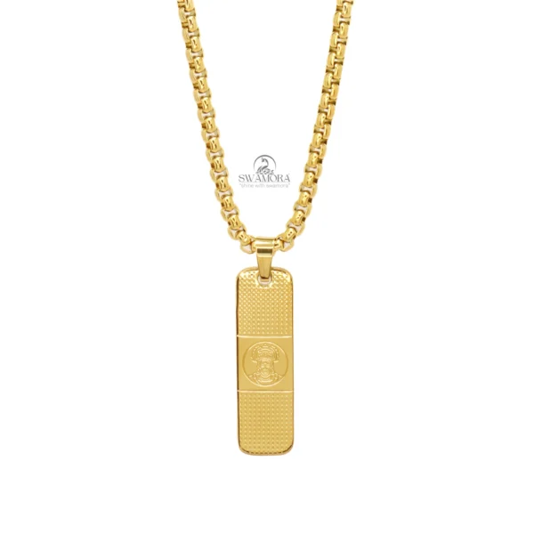 Carry the spirit of strength and devotion with our striking Hanuman Pendant Gold Stainless Steel Necklace Chain. This 24-inch chain for men features a bold rectangular pendant, intricately etched with the revered image of Lord Hanuman, set against a unique dotted pattern. Crafted from high-quality stainless steel with a rich gold tone, this necklace is not just visually appealing but also incredibly durable. It's designed to be anti-tarnish, keeping its luster without effort, and completely waterproof so you can wear it through all your activities. Plus, it's skin-friendly and built to be long-lasting, making it the perfect daily companion for the modern man who values both faith and enduring style.